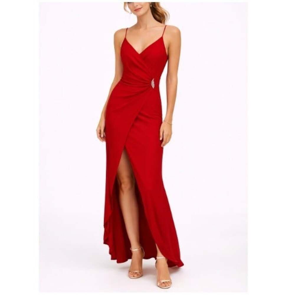 Ginoo Women's Red Rhinestone Brooch Wrap Spaghetti Strap Evening Gown Size M